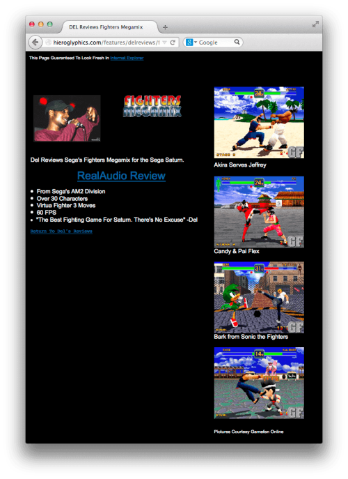 Del's Fighters Megamix review as it appeared on Hieroglyphics.com in 1997