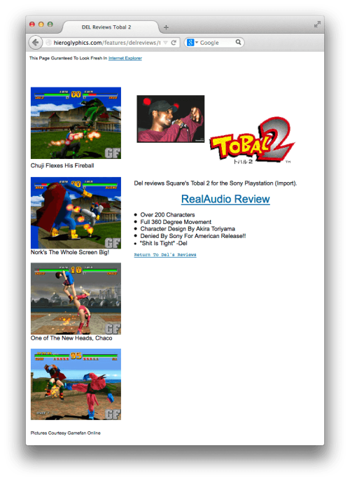 Del's Tobal 2 review as it appeared on Hieroglyphics.com in 1997